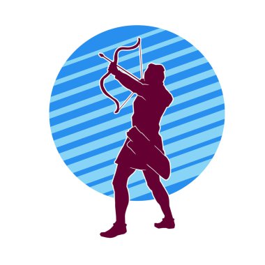 Hareketli erkek okçu savaşçısının silueti. Okçuluk silahı taşıyan bir adamın silueti..