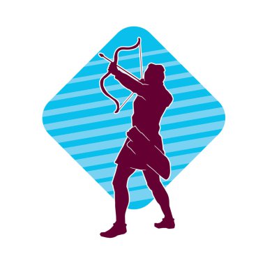 Hareketli erkek okçu savaşçısının silueti. Okçuluk silahı taşıyan bir adamın silueti..