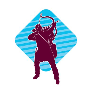 Hareketli erkek okçu savaşçısının silueti. Okçuluk silahı taşıyan bir adamın silueti..