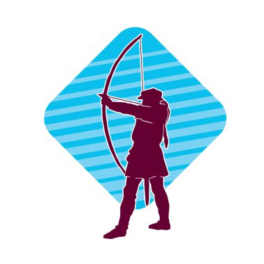 Hareketli erkek okçu savaşçısının silueti. Okçuluk silahı taşıyan bir adamın silueti..