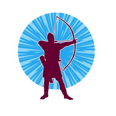 Hareketli erkek okçu savaşçısının silueti. Okçuluk silahı taşıyan bir adamın silueti..