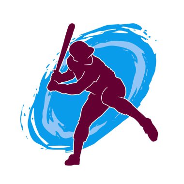 Hareketli bir erkek beyzbol oyuncusunun silueti. Vurucu olarak beyzbol oynayan bir adamın silueti..