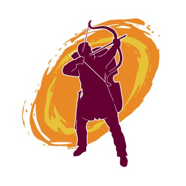 Hareketli erkek okçu savaşçısının silueti. Okçuluk silahı taşıyan bir adamın silueti..