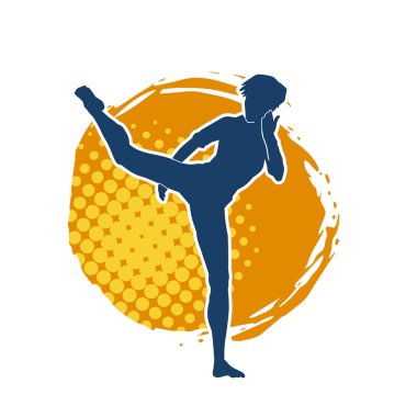 Dövüş sanatları tekmesi atan bir kadının silueti. Sportif bir kadının silueti tekme hareketi yapıyor..