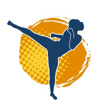 Dövüş sanatları tekmesi atan bir kadının silueti. Sportif bir kadının silueti tekme hareketi yapıyor..