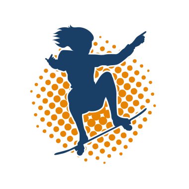 Hareket halindeki bir kadın silueti kaykay üzerinde poz veriyor. Kaykaylı şehirli bir kızın silueti..