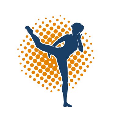 Dövüş sanatları tekmesi atan bir kadının silueti. Sportif bir kadının silueti tekme hareketi yapıyor..