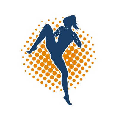 Dövüş sanatları tekmesi atan bir kadının silueti. Sportif bir kadının silueti tekme hareketi yapıyor..