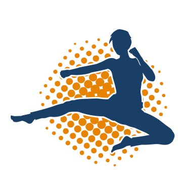 Dövüş sanatları tekmesi atan bir kadının silueti. Sportif bir kadının silueti tekme hareketi yapıyor..