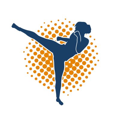 Dövüş sanatları tekmesi atan bir kadının silueti. Sportif bir kadının silueti tekme hareketi yapıyor..