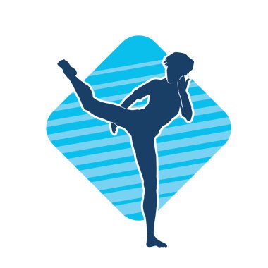 Dövüş sanatları tekmesi atan bir kadının silueti. Sportif bir kadının silueti tekme hareketi yapıyor..