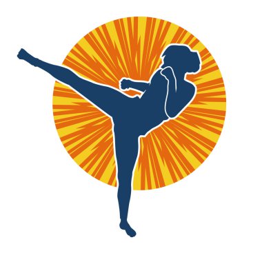 Dövüş sanatları tekmesi atan bir kadının silueti. Sportif bir kadının silueti tekme hareketi yapıyor..