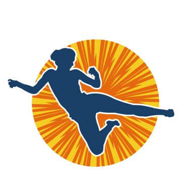 Dövüş sanatları tekmesi atan bir kadının silueti. Sportif bir kadının silueti tekme hareketi yapıyor..