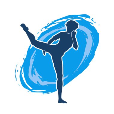Dövüş sanatları tekmesi atan bir kadının silueti. Sportif bir kadının silueti tekme hareketi yapıyor..