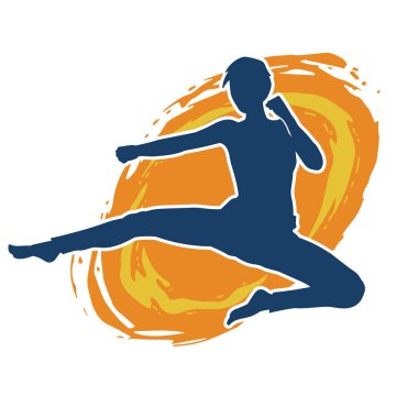 Dövüş sanatları tekmesi atan bir kadının silueti. Sportif bir kadının silueti tekme hareketi yapıyor..