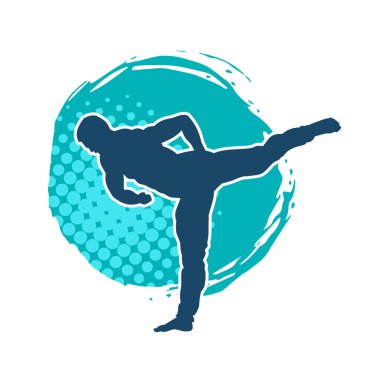 Dövüş sanatları pozu veren bir erkeğin silueti. Dövüş sanatları ustasının silueti tekme atma pozu veriyor..