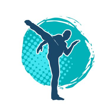 Dövüş sanatları pozu veren bir erkeğin silueti. Dövüş sanatları ustasının silueti tekme atma pozu veriyor..