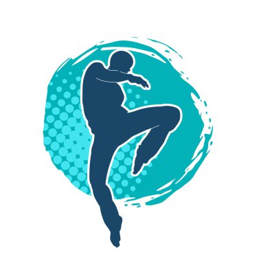 Doğu dövüş sanatı pozu veren bir adamın silueti. Dövüş sanatlarında bir erkeğin silueti..