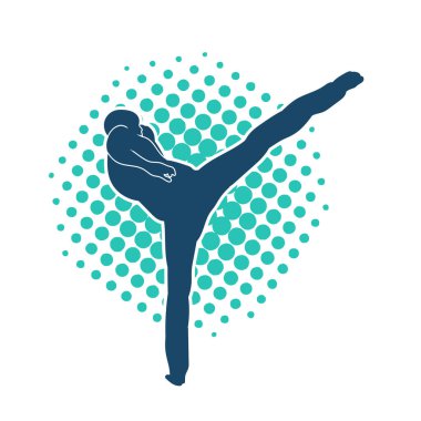 Dövüş sanatları pozu veren bir erkeğin silueti. Dövüş sanatları ustasının silueti tekme atma pozu veriyor..