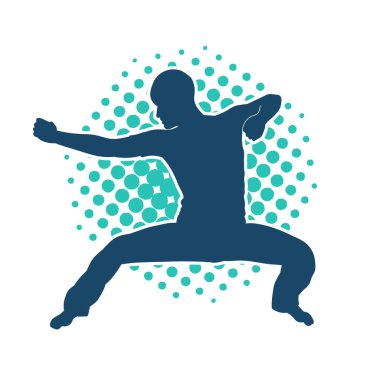 Doğu dövüş sanatı pozu veren bir adamın silueti. Dövüş sanatlarında bir erkeğin silueti..