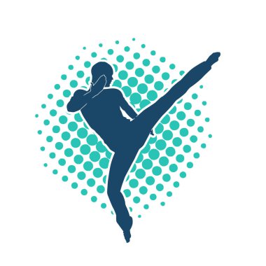 Dövüş sanatları pozu veren bir erkeğin silueti. Dövüş sanatları ustasının silueti tekme atma pozu veriyor..