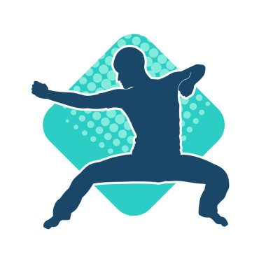 Doğu dövüş sanatı pozu veren bir adamın silueti. Dövüş sanatlarında bir erkeğin silueti..