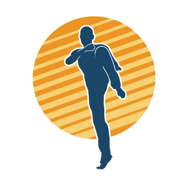 Doğu dövüş sanatı pozu veren bir adamın silueti. Dövüş sanatlarında bir erkeğin silueti..