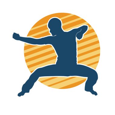 Doğu dövüş sanatı pozu veren bir adamın silueti. Dövüş sanatlarında bir erkeğin silueti..