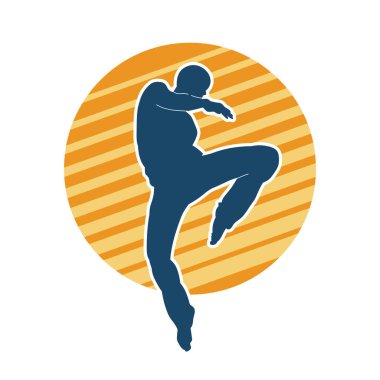 Doğu dövüş sanatı pozu veren bir adamın silueti. Dövüş sanatlarında bir erkeğin silueti..