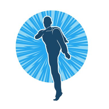 Doğu dövüş sanatı pozu veren bir adamın silueti. Dövüş sanatlarında bir erkeğin silueti..