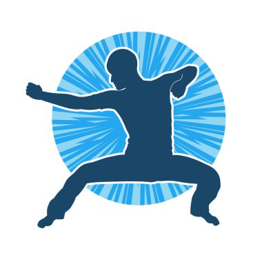 Doğu dövüş sanatı pozu veren bir adamın silueti. Dövüş sanatlarında bir erkeğin silueti..