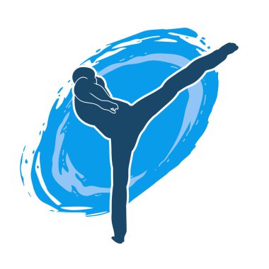 Dövüş sanatları pozu veren bir erkeğin silueti. Dövüş sanatları ustasının silueti tekme atma pozu veriyor..