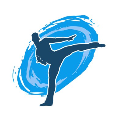 Dövüş sanatları pozu veren bir erkeğin silueti. Dövüş sanatları ustasının silueti tekme atma pozu veriyor..