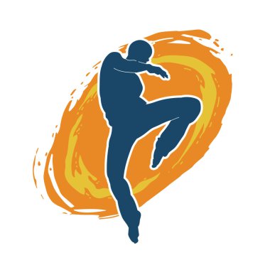 Dövüş sanatları pozu veren bir erkeğin silueti. Dövüş sanatları ustasının silueti tekme atma pozu veriyor..