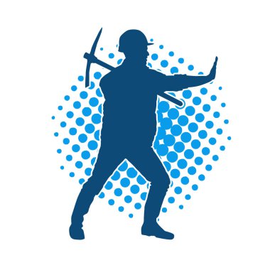 Görev sırasında baltayla dolaşan işçi kostümlü bir adamın silüeti. Bir madencinin hareket halindeki silueti balta aracı ile poz verir.