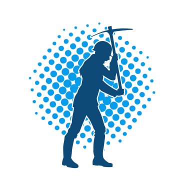 Kazma aletle poz veren, işçi kostümü giyen bir kadının silueti. Kazma aleti taşıyan madenci kostümlü bir kadının silueti..