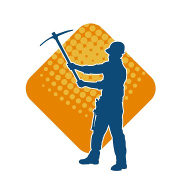 Görev sırasında baltayla dolaşan işçi kostümlü bir adamın silüeti. Bir madencinin hareket halindeki silueti balta aracı ile poz verir.