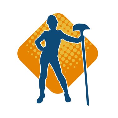 Çalışan kostümü giyen bir kadının silüeti. Kürek aletleriyle poz veriyor..