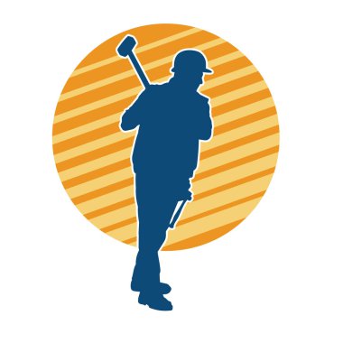 Çalışan bir işçinin silueti balyoz aletini kullanarak hareket halinde poz verir.