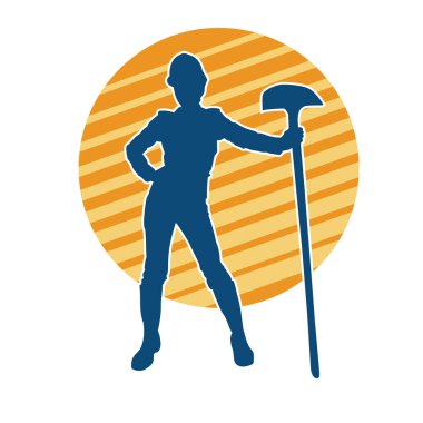 Çalışan kostümü giyen bir kadının silüeti. Kürek aletleriyle poz veriyor..