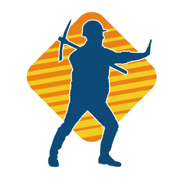 Görev sırasında baltayla dolaşan işçi kostümlü bir adamın silüeti. Bir madencinin hareket halindeki silueti balta aracı ile poz verir.