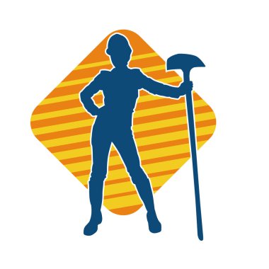 Çalışan kostümü giyen bir kadının silüeti. Kürek aletleriyle poz veriyor..