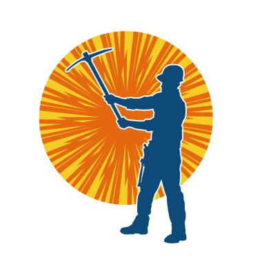 Görev sırasında baltayla dolaşan işçi kostümlü bir adamın silüeti. Bir madencinin hareket halindeki silueti balta aracı ile poz verir.