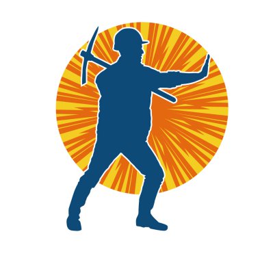 Görev sırasında baltayla dolaşan işçi kostümlü bir adamın silüeti. Bir madencinin hareket halindeki silueti balta aracı ile poz verir.