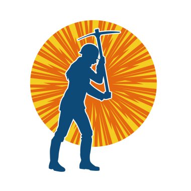 Kazma aletle poz veren, işçi kostümü giyen bir kadının silueti. Kazma aleti taşıyan madenci kostümlü bir kadının silueti..