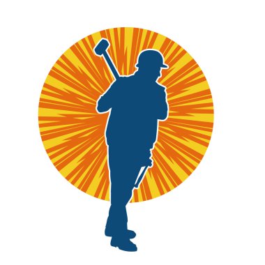 Çalışan bir işçinin silueti balyoz aletini kullanarak hareket halinde poz verir.