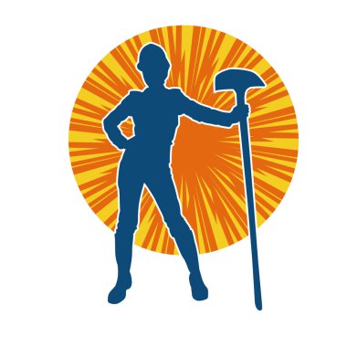 Çalışan kostümü giyen bir kadının silüeti. Kürek aletleriyle poz veriyor..