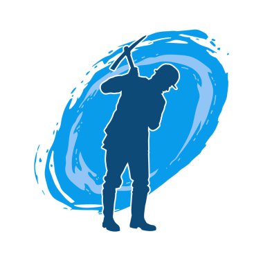 Görev sırasında baltayla dolaşan işçi kostümlü bir adamın silüeti. Bir madencinin hareket halindeki silueti balta aracı ile poz verir.