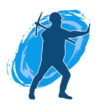 Görev sırasında baltayla dolaşan işçi kostümlü bir adamın silüeti. Bir madencinin hareket halindeki silueti balta aracı ile poz verir.