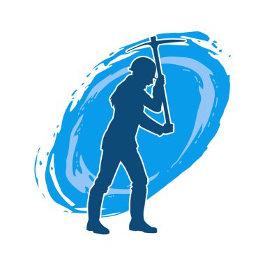 Kazma aletle poz veren, işçi kostümü giyen bir kadının silueti. Kazma aleti taşıyan madenci kostümlü bir kadının silueti..